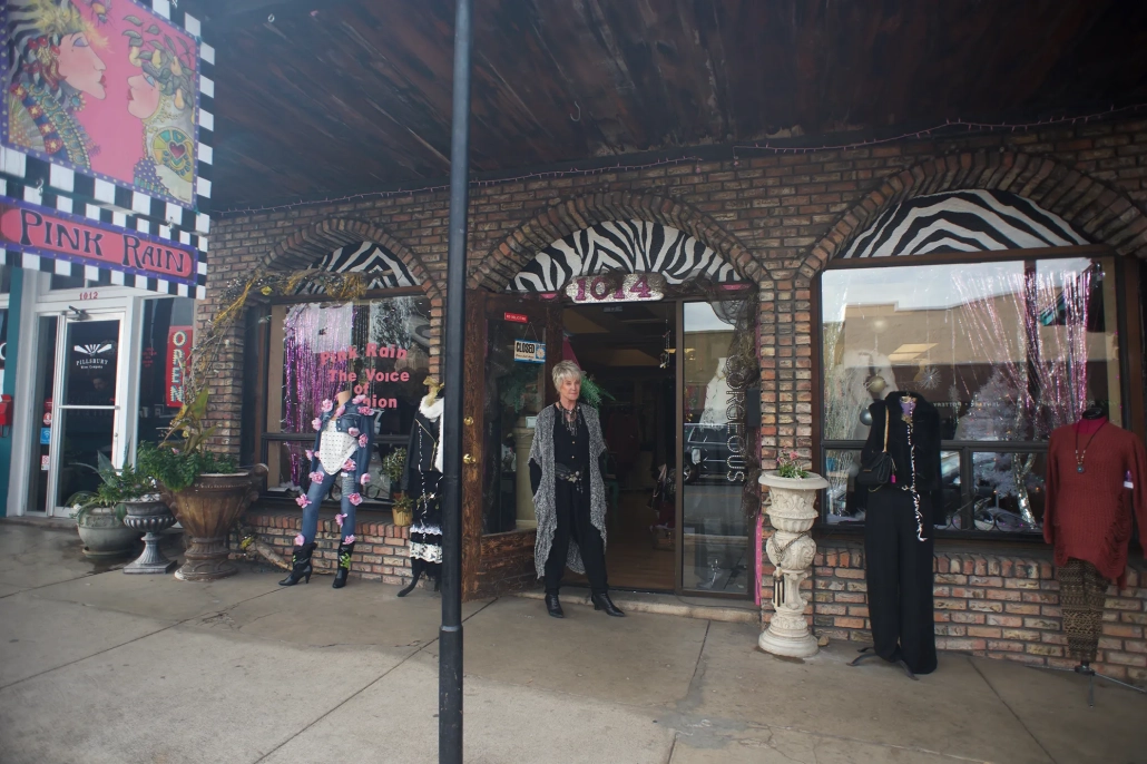 Owner of Christel in front of Pink Rain Boutique in Old Town Cottonwood