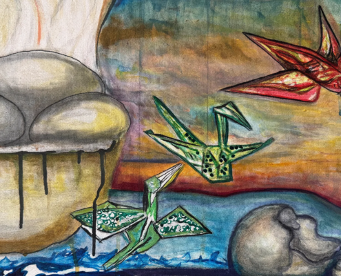 Birth of the Crane portion of the Lifecycle of the Crane canvas. Metal print will be available on location.