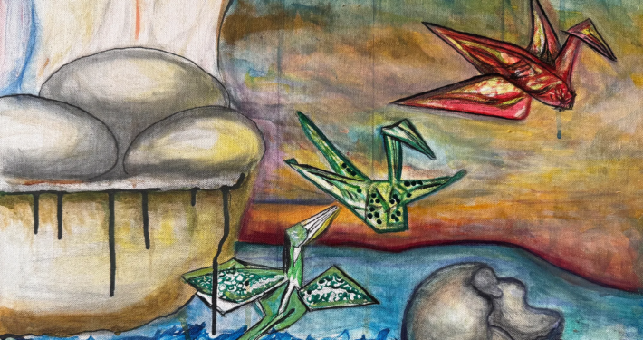 Birth of the Crane portion of the Lifecycle of the Crane canvas. Metal print will be available on location.