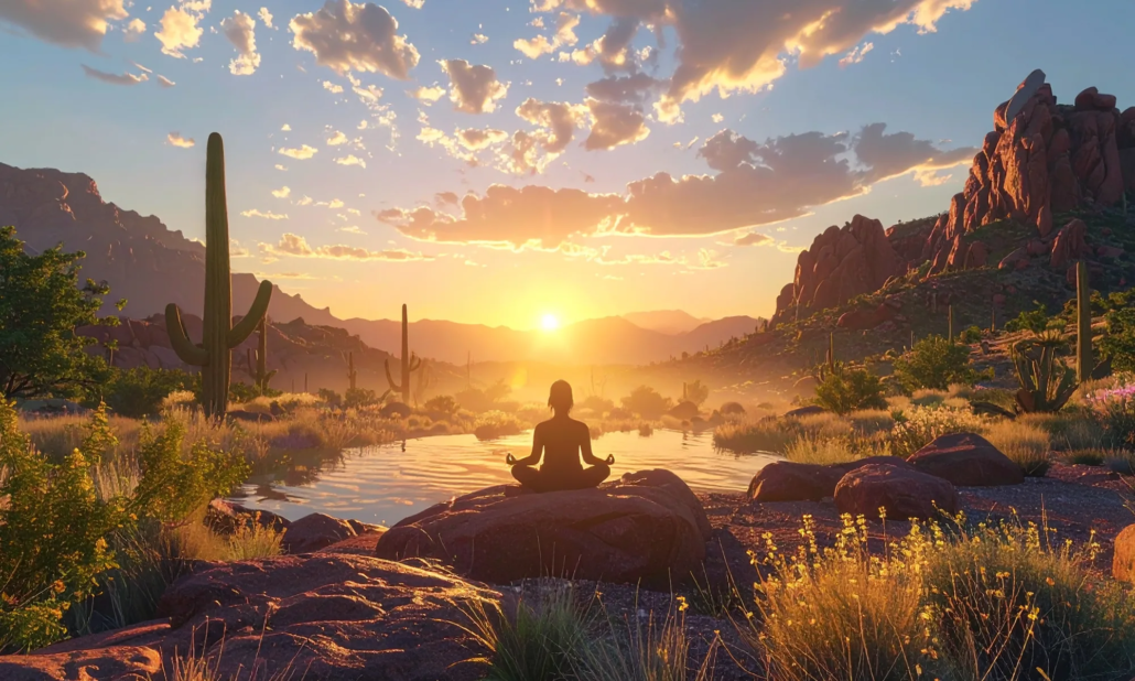 Woman meditating under a desert sunset
