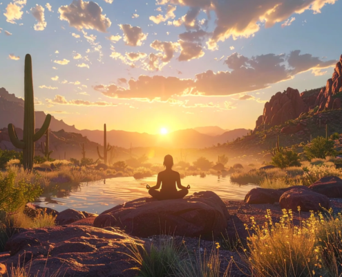 Woman meditating under a desert sunset