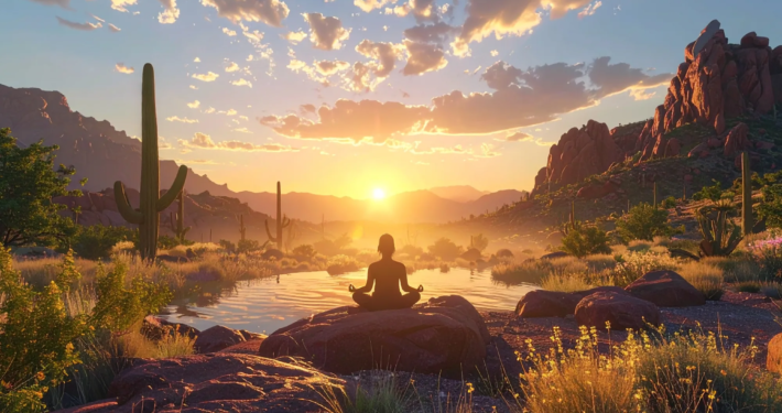 Woman meditating under a desert sunset