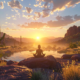 Woman meditating under a desert sunset